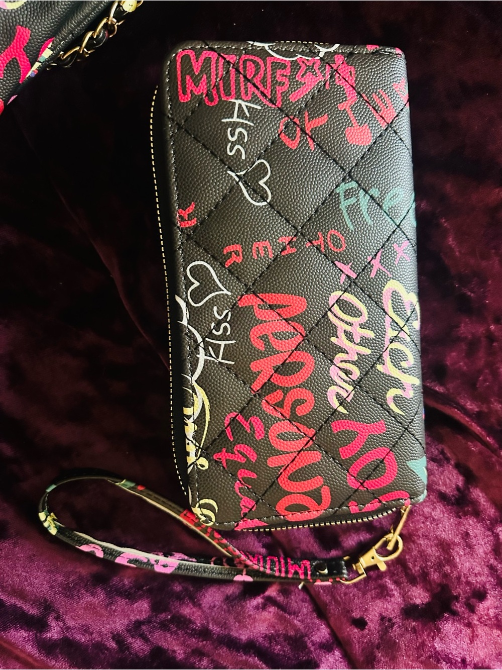 NEW! ✨ Quilted Graffiti Print Chain Shoulder Bag & Matching Wallet Multicolor - Picture 10 of 13